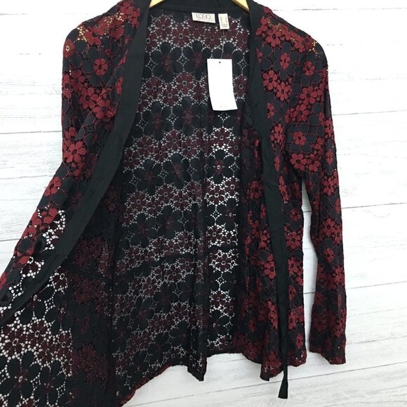NEW Logo by Lori Goldstein Burgundy & Black Floral Lace Cardigan Tie Front Small - Picture 3 of 12